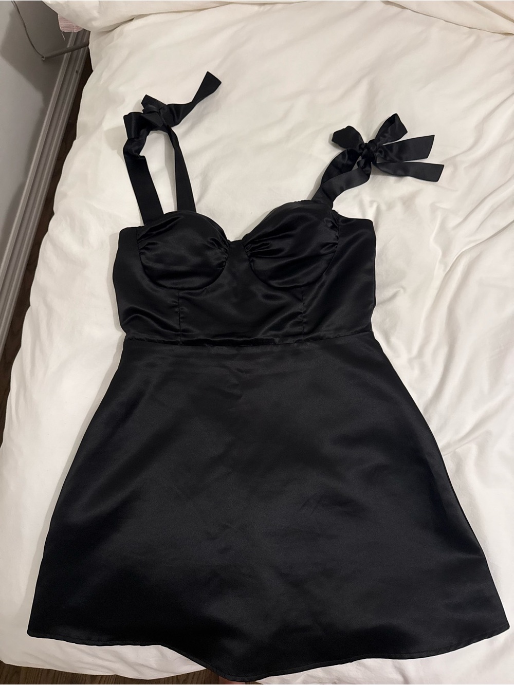 Lucy in the Sky Black Satin Tie-Shoulder Mini Dress